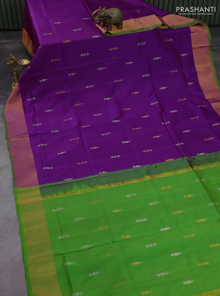 Pure uppada silk saree purple and light green with silver & gold zari woven buttas and zari woven border