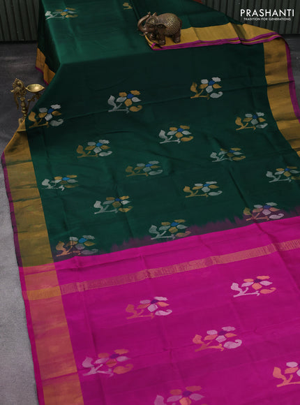 Pure uppada silk saree green and pink with zari woven jamdhani buttas and zari woven border