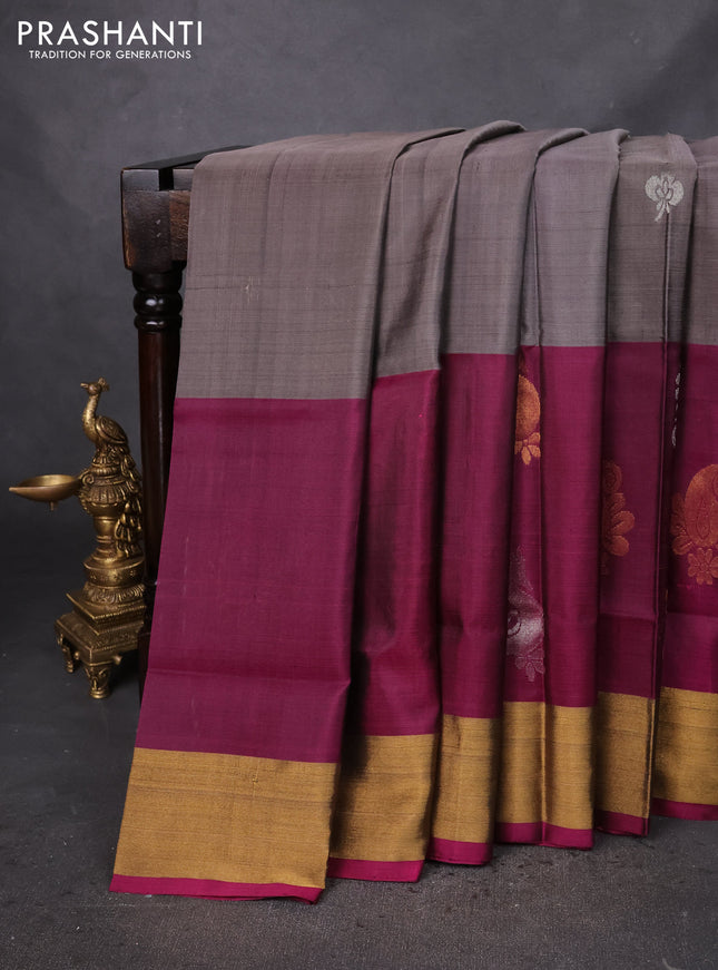 Pure uppada silk saree grey and purple with silver & gold zari woven buttas and long zari woven butta border