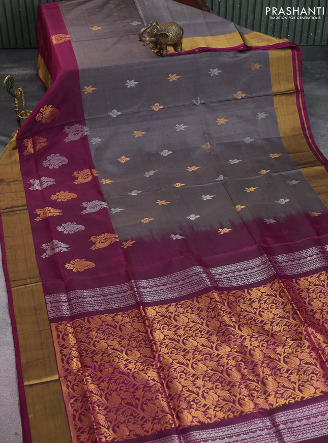 Pure uppada silk saree grey and purple with silver & gold zari woven buttas and long zari woven butta border