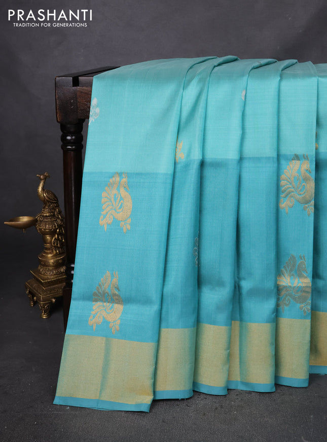 Pure uppada silk saree teal blue with silver & gold zari woven buttas and long zari woven butta border