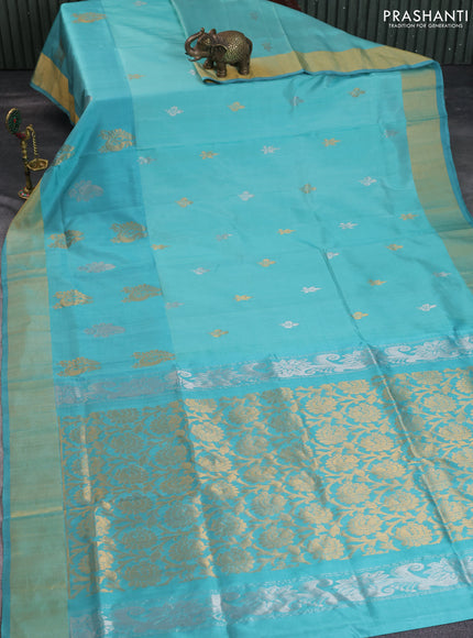 Pure uppada silk saree teal blue with silver & gold zari woven buttas and long zari woven butta border