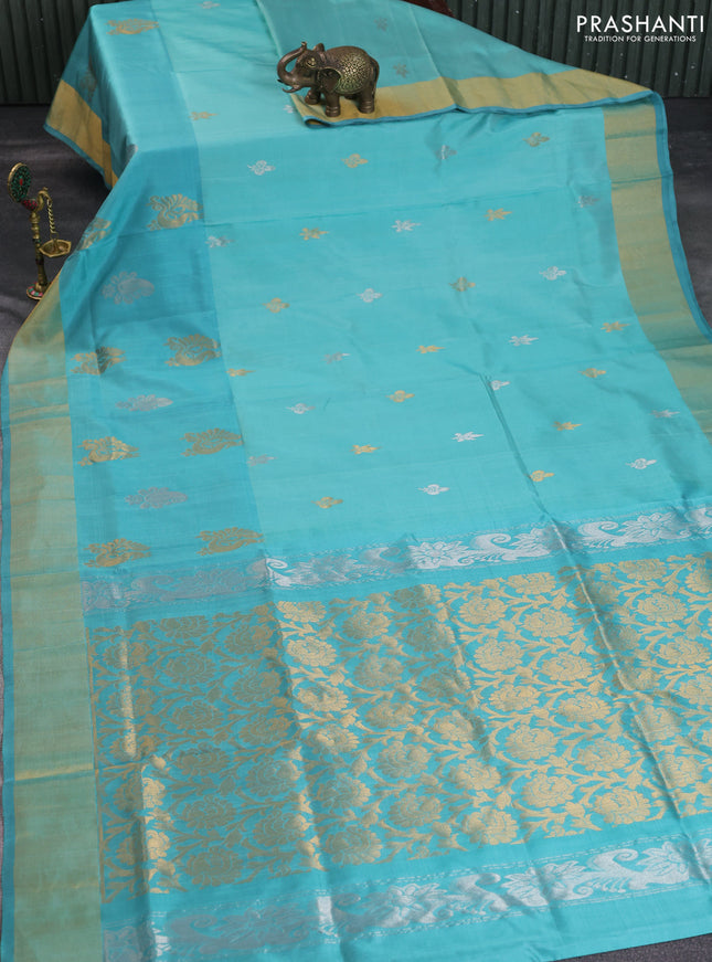 Pure uppada silk saree teal blue with silver & gold zari woven buttas and long zari woven butta border