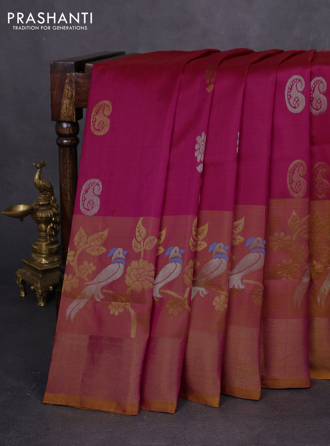 Pure uppada silk saree pink and dual shade of mustard with silver & gold zari woven buttas and long zari woven butta border