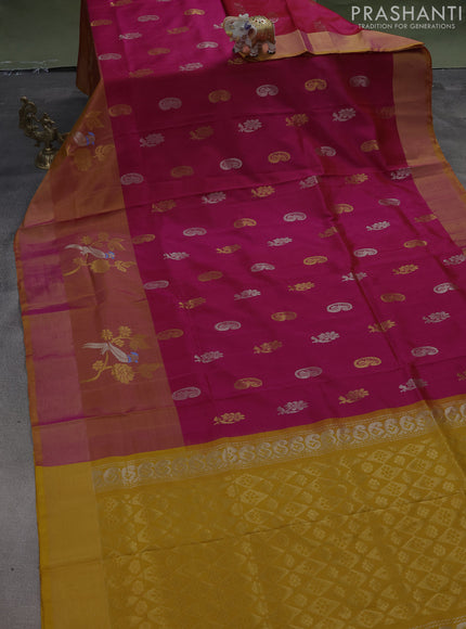 Pure uppada silk saree pink and dual shade of mustard with silver & gold zari woven buttas and long zari woven butta border