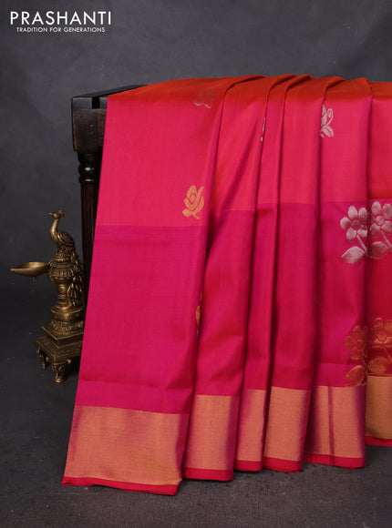 Pure uppada silk saree dual shade of pinkish orange and pink with silver & gold zari woven buttas and zari woven butta border