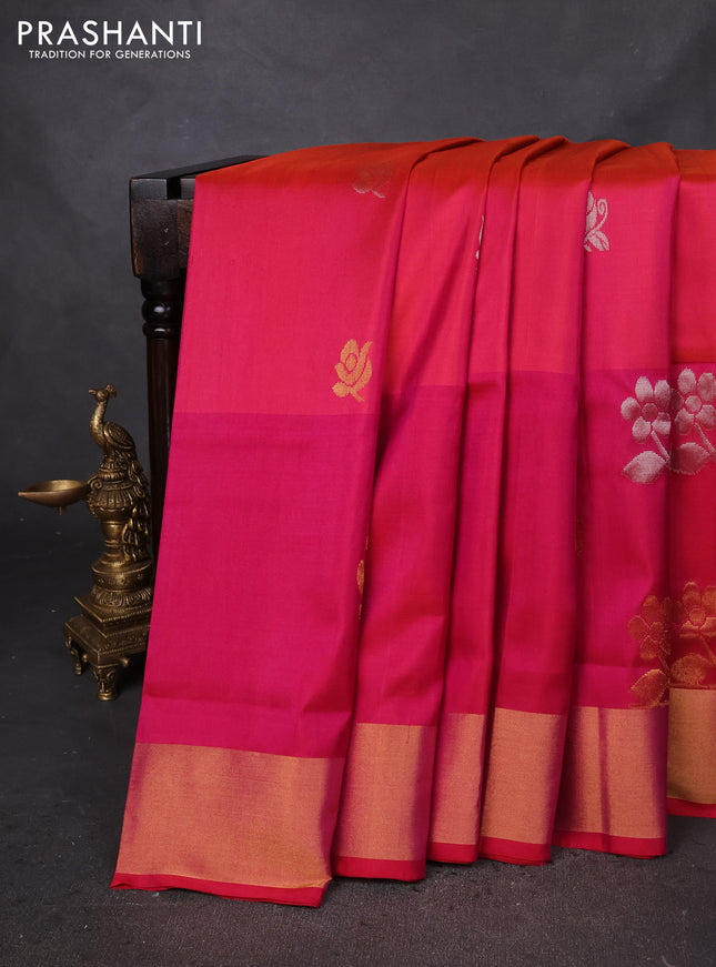 Pure uppada silk saree dual shade of pinkish orange and pink with silver & gold zari woven buttas and zari woven butta border