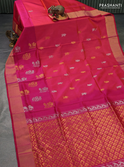 Pure uppada silk saree dual shade of pinkish orange and pink with silver & gold zari woven buttas and zari woven butta border