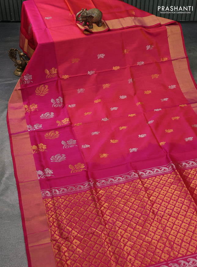 Pure uppada silk saree dual shade of pinkish orange and pink with silver & gold zari woven buttas and zari woven butta border