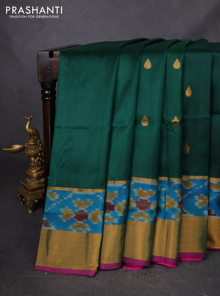Pure uppada silk saree green and pink with zari woven tilak buttas and ikat woven zari border
