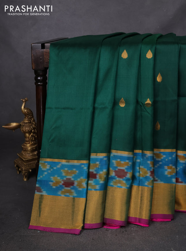 Pure uppada silk saree green and pink with zari woven tilak buttas and ikat woven zari border
