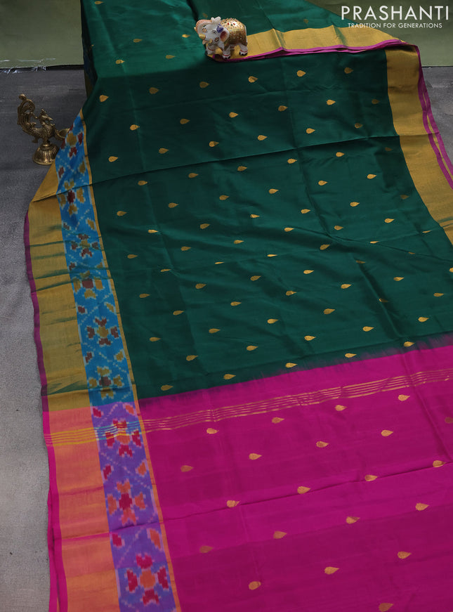 Pure uppada silk saree green and pink with zari woven tilak buttas and ikat woven zari border