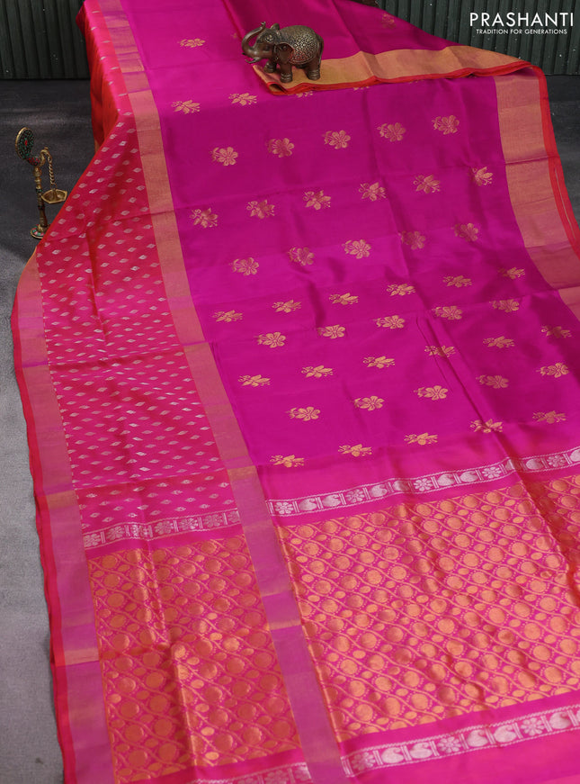 Pure uppada silk saree pink and dual shade of pinkish orange with zari woven buttas and long zari woven butta border