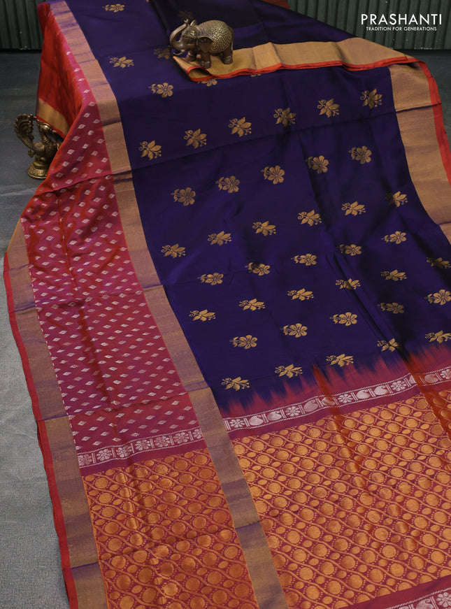 Pure uppada silk saree dark blue and dual shade of rustic orange with zari woven buttas and long zari woven butta border