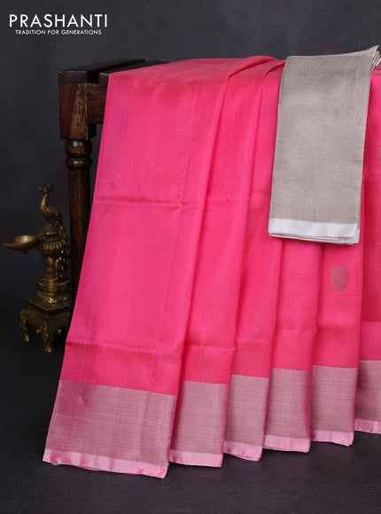 Pure uppada silk saree peach pink with silver & gold zari woven buttas and silver zari woven border