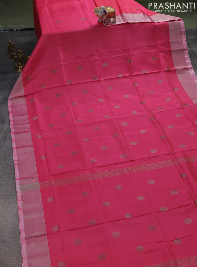 Pure uppada silk saree peach pink with silver & gold zari woven buttas and silver zari woven border