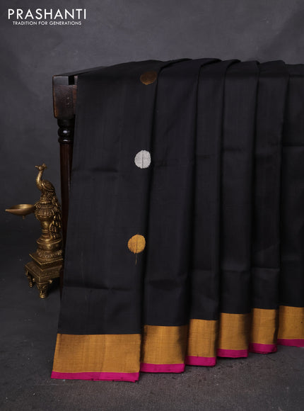 Pure uppada silk saree black and magenta pink with silver & gold zari woven coin buttas and zari woven border