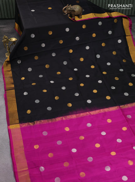 Pure uppada silk saree black and magenta pink with silver & gold zari woven coin buttas and zari woven border