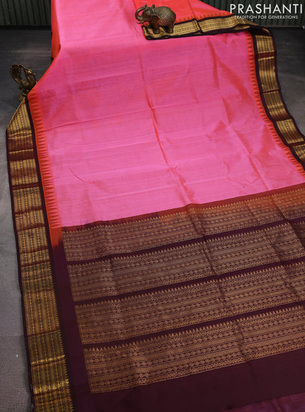 Silk cotton saree candy pink and wine shade with plain body and temple design zari woven korvai border