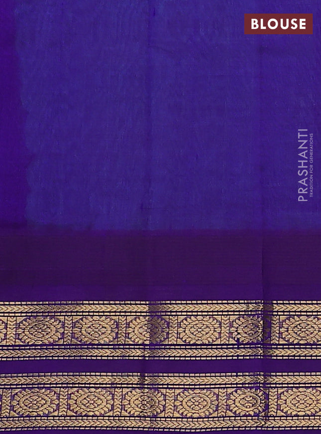 Silk cotton saree teal blue and violet with rudhraksha & annam zari woven buttas and temple design zari woven korvai border