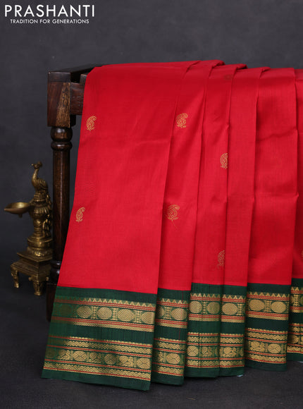 Silk cotton saree red and dark green with zari woven buttas and rettapet zari woven korvai border