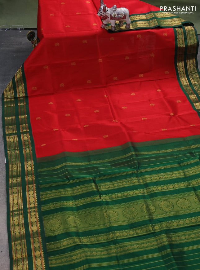 Silk cotton saree red and dark green with zari woven buttas and rettapet zari woven korvai border