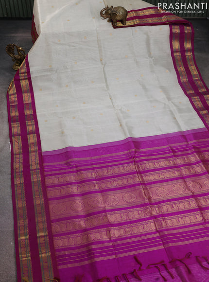 Silk cotton saree beige and purple with rudhraksha zari woven buttas and rettapet zari woven korvai border