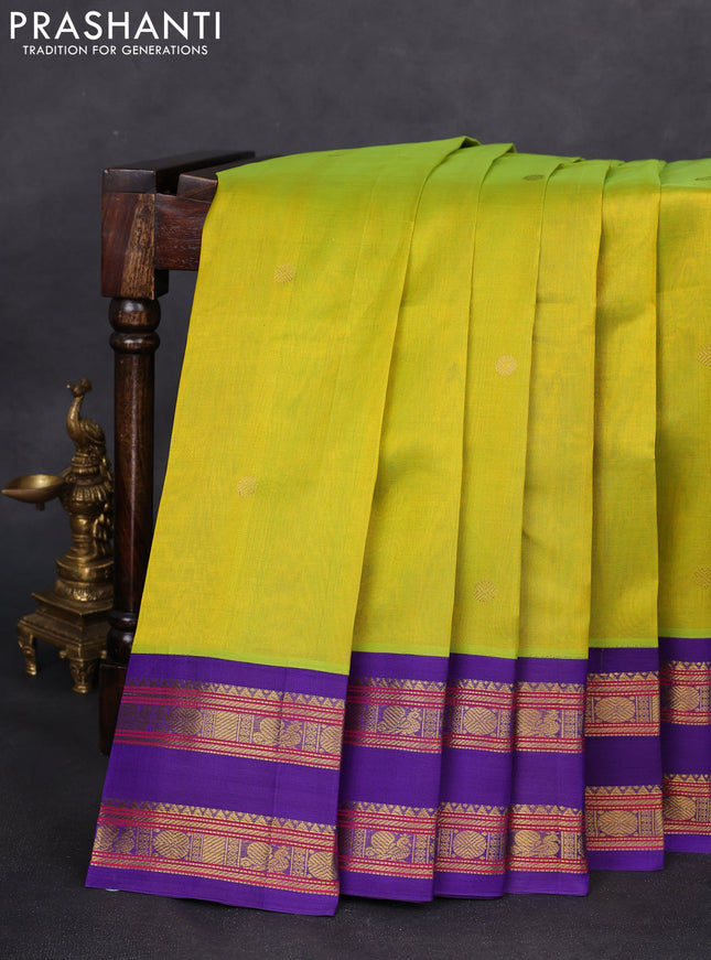 Silk cotton saree lime green and violet with rudhraksha zari woven buttas and rettapet zari woven korvai border
