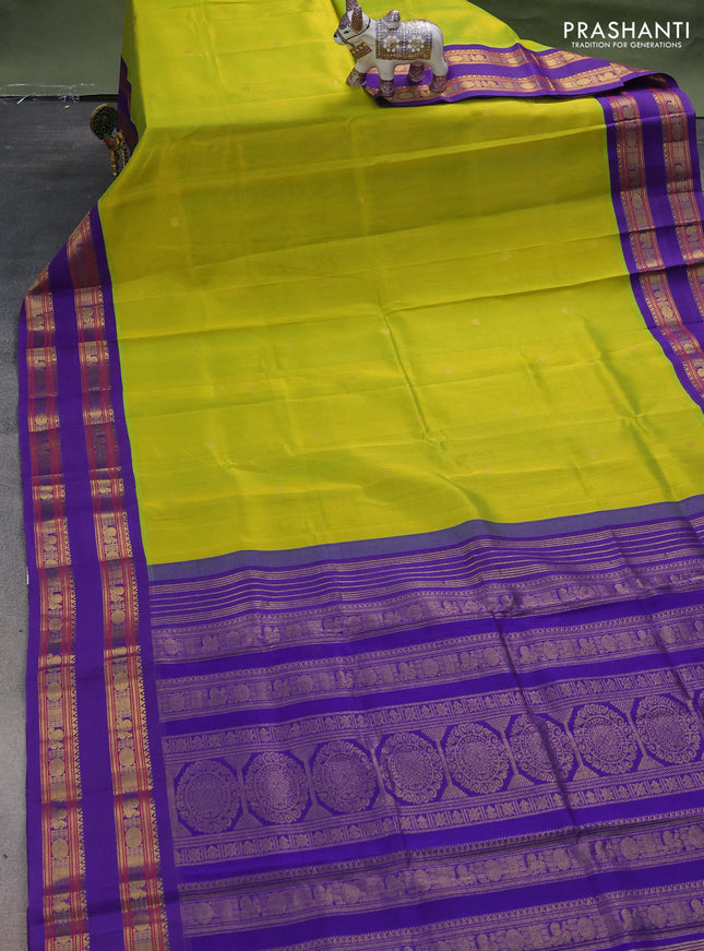 Silk cotton saree lime green and violet with rudhraksha zari woven buttas and rettapet zari woven korvai border