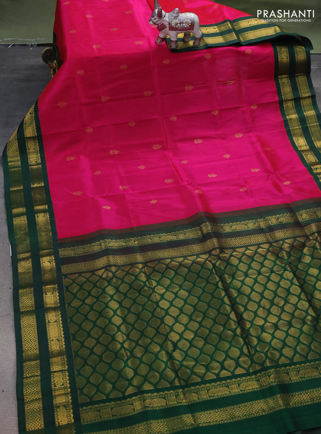 Silk cotton saree pink and bottle green with zari woven buttas and rettapet zari woven korvai border