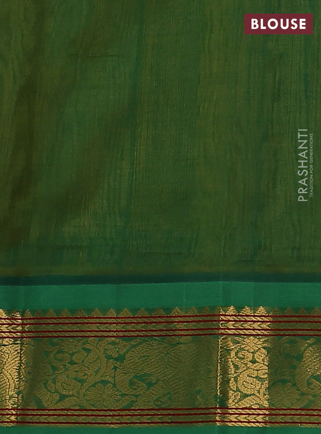 Silk cotton saree yellow and green with plain body and elephant zari woven korvai border
