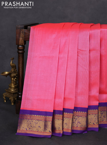 Silk cotton saree candy pink and blue with plain body and elephant zari woven korvai border