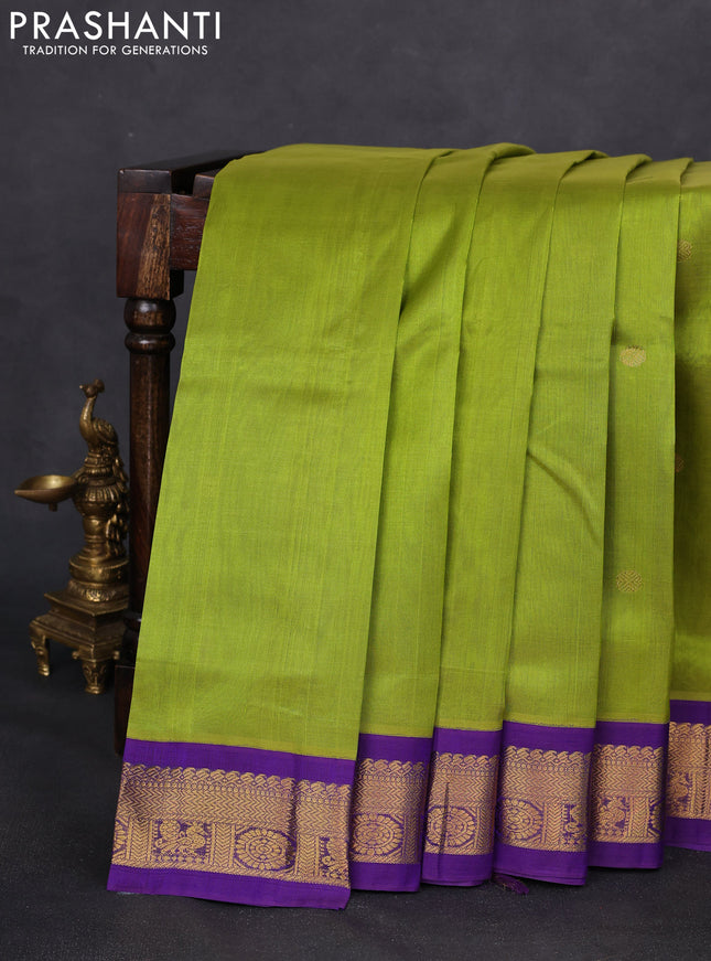 Silk cotton saree green and violet with rudhraksha zari woven buttas and zari woven korvai border