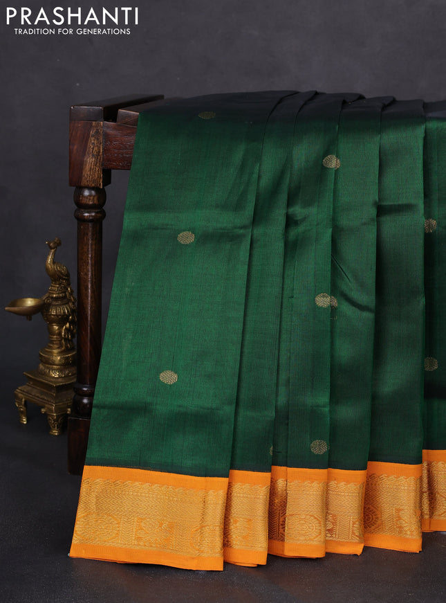 Silk cotton saree green and mustard yellow with rudhraksha zari woven buttas and zari woven korvai border