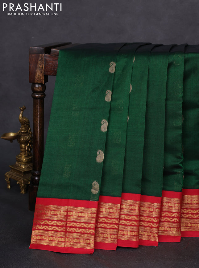 Silk cotton saree green and red with paisley & annam zari woven buttas and zari woven korvai border