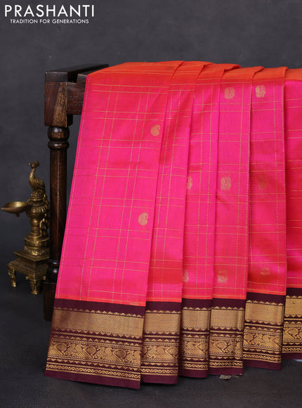 Silk cotton saree pink yellow and wine shade with allover zari checks & buttas and zari woven korvai border