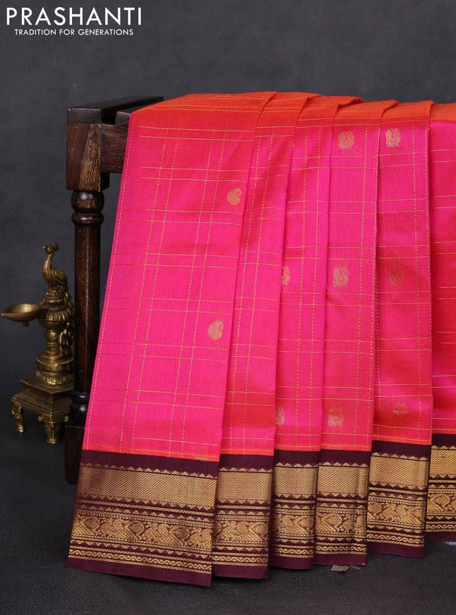 Silk cotton saree pink yellow and wine shade with allover zari checks & buttas and zari woven korvai border