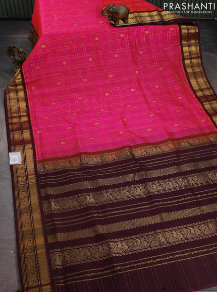 Silk cotton saree pink yellow and wine shade with allover zari checks & buttas and zari woven korvai border