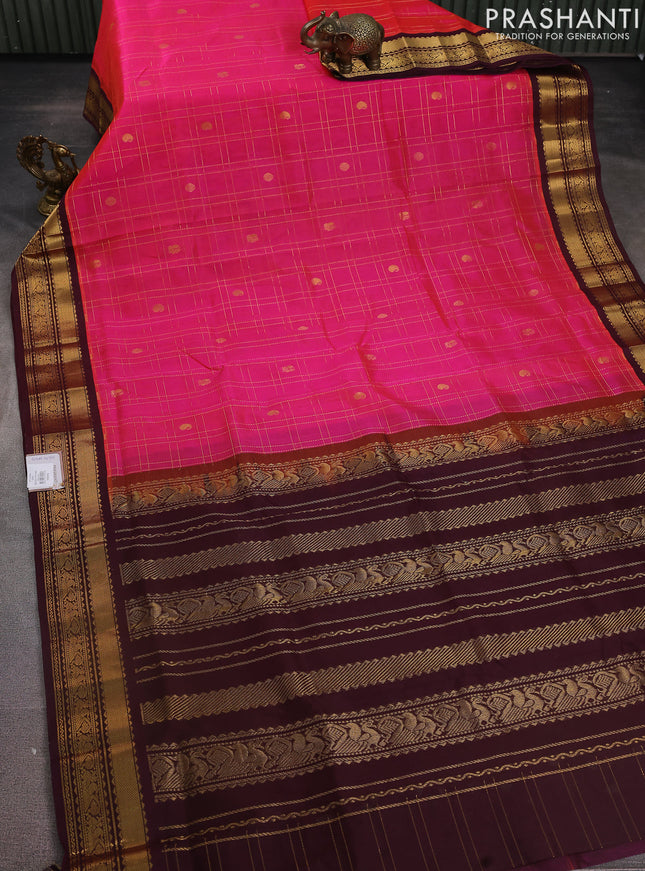 Silk cotton saree pink yellow and wine shade with allover zari checks & buttas and zari woven korvai border