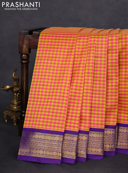 Silk cotton saree pink yellow and violet with allover paalum pazhamun small katams and zari woven korvai border