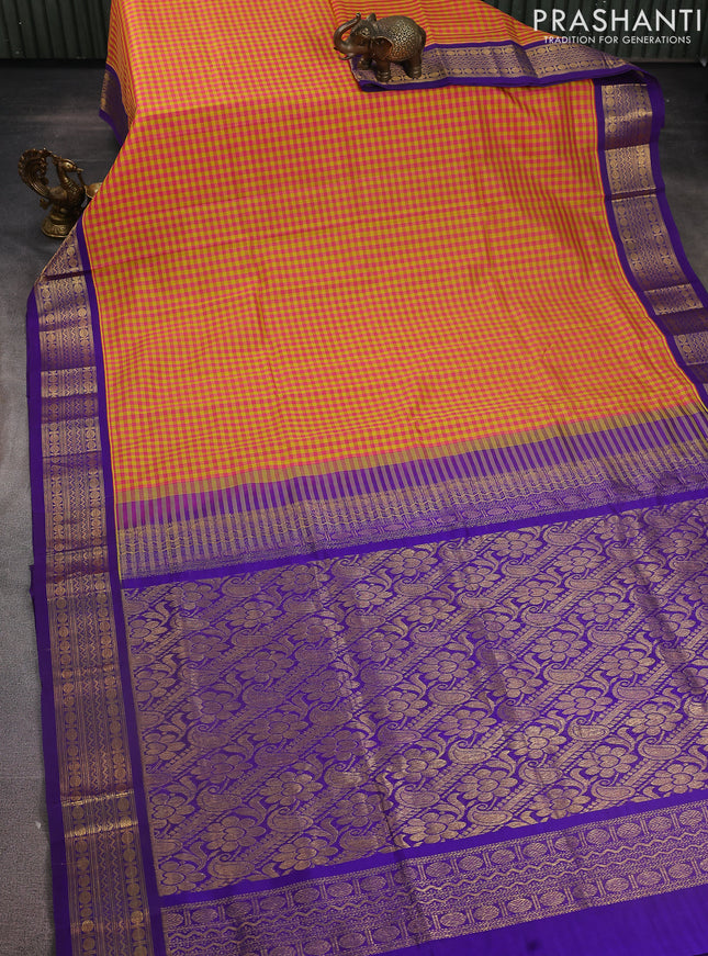 Silk cotton saree pink yellow and violet with allover paalum pazhamun small katams and zari woven korvai border