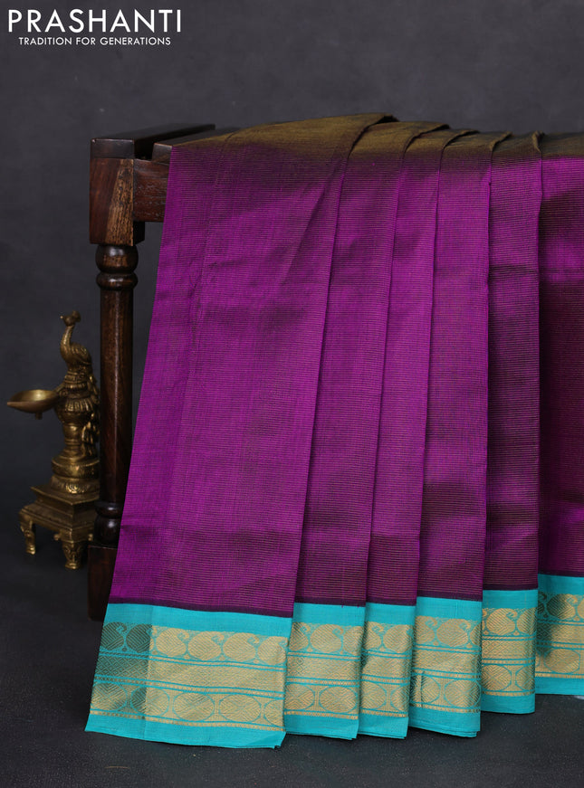 Silk cotton saree purple and teal green shade with allover vairosi pattern and zari woven korvai border