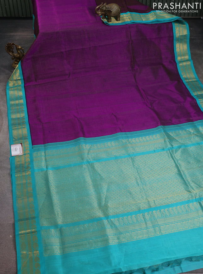 Silk cotton saree purple and teal green shade with allover vairosi pattern and zari woven korvai border
