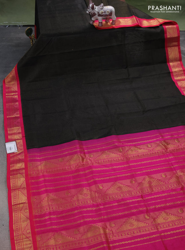 Silk cotton saree black and pink with allover vairosi pattern and zari woven korvai border