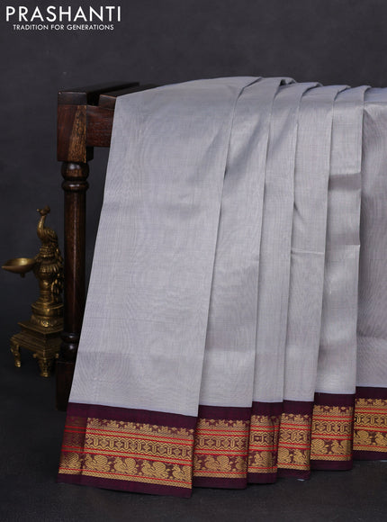 Silk cotton saree grey and deep purple with allover vairosi pattern and zari woven korvai border