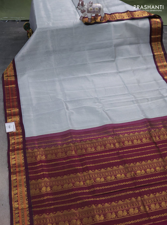Silk cotton saree grey and deep purple with allover vairosi pattern and zari woven korvai border