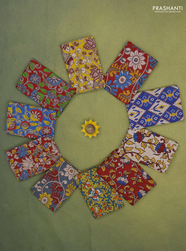 Kalamkari cotton blouse bits multi colour and multi design with pack of 10