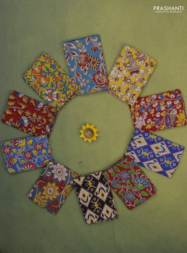 Kalamkari cotton blouse bits multi colour and multi design with pack of 10