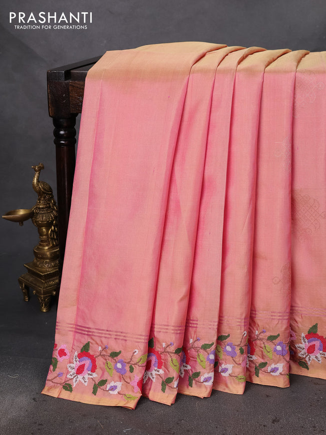 Pure soft silk saree dual shade of peach with zari woven buttas and embroidery border