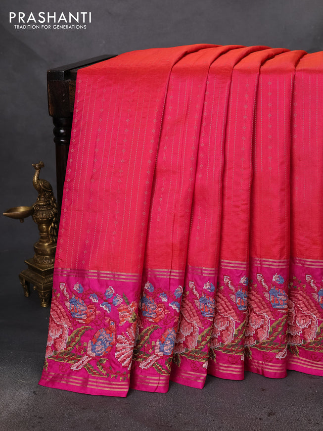 Pure soft silk saree dual shade of pinkish orange and pink with allover zari weaves and embroidery border